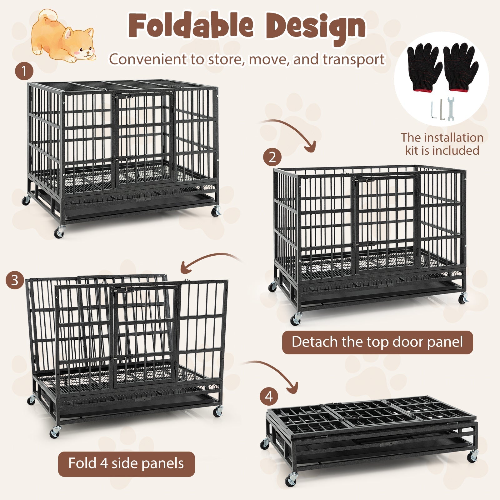 48 Inch Foldable Heavy-Duty Metal Dog Cage with Lockable Rolling Casters and Tray - Majestic Pet Kingdom