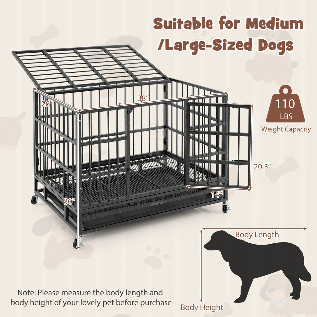 38 Inch Foldable Heavy-Duty Metal Dog Cage with Lockable Rolling Casters and Tray-38 inches
