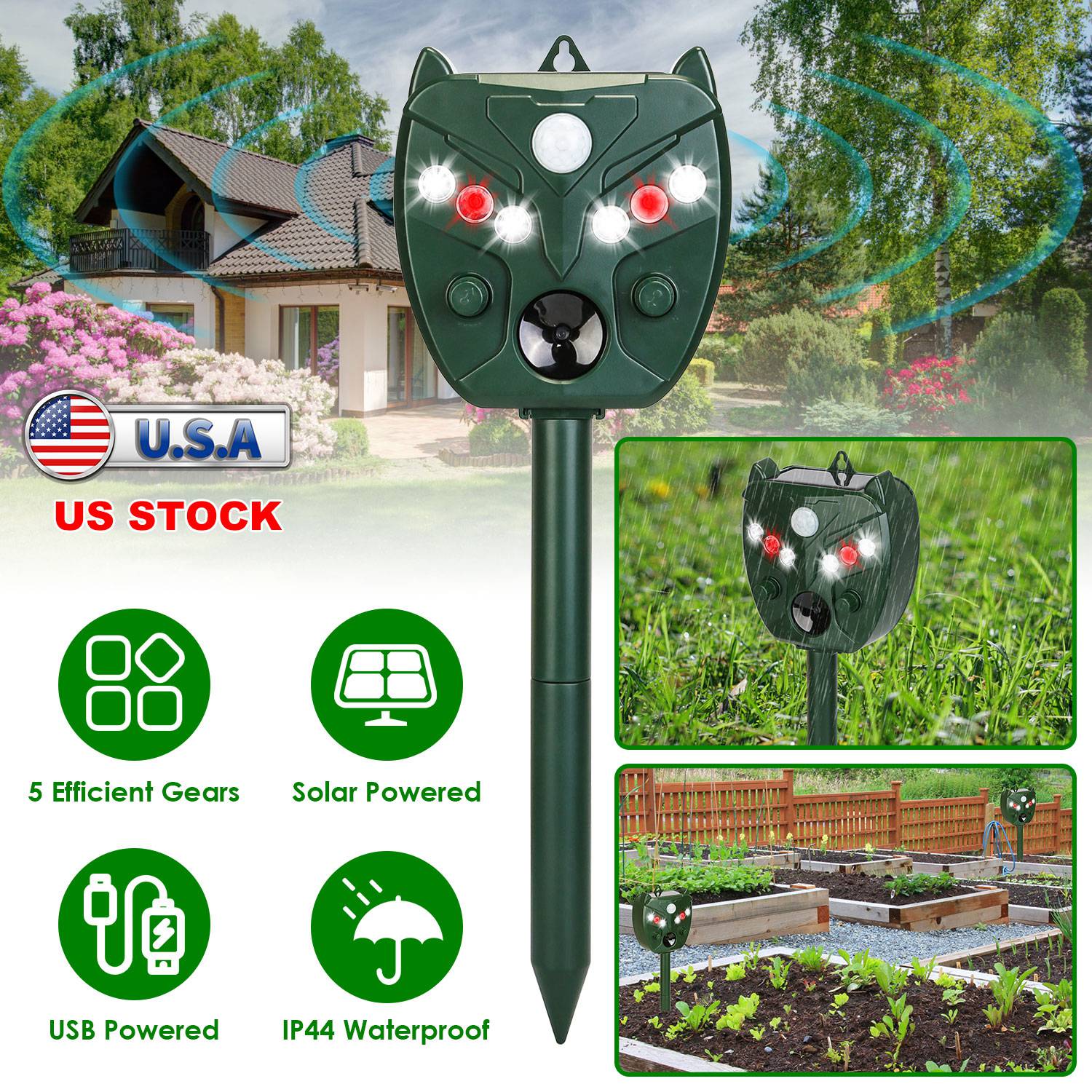 Ultrasonic Solar Animal Repeller Outdoor Mole Snake Squirrel Mouse Chaser Waterproof Bird Deer Dog Cat Deterrent with 5 Gears for Farm Garden Yard - Majestic Pet Kingdom