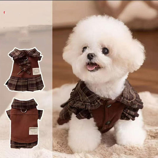 Autumn And Winter Dog Skirts With Check Patterns For Warmth, Cat Teddy Bichon Frise, High-end Custom Pet Clothing For Small And Medium-sized Dogs | Purrfect Pet Kingdom