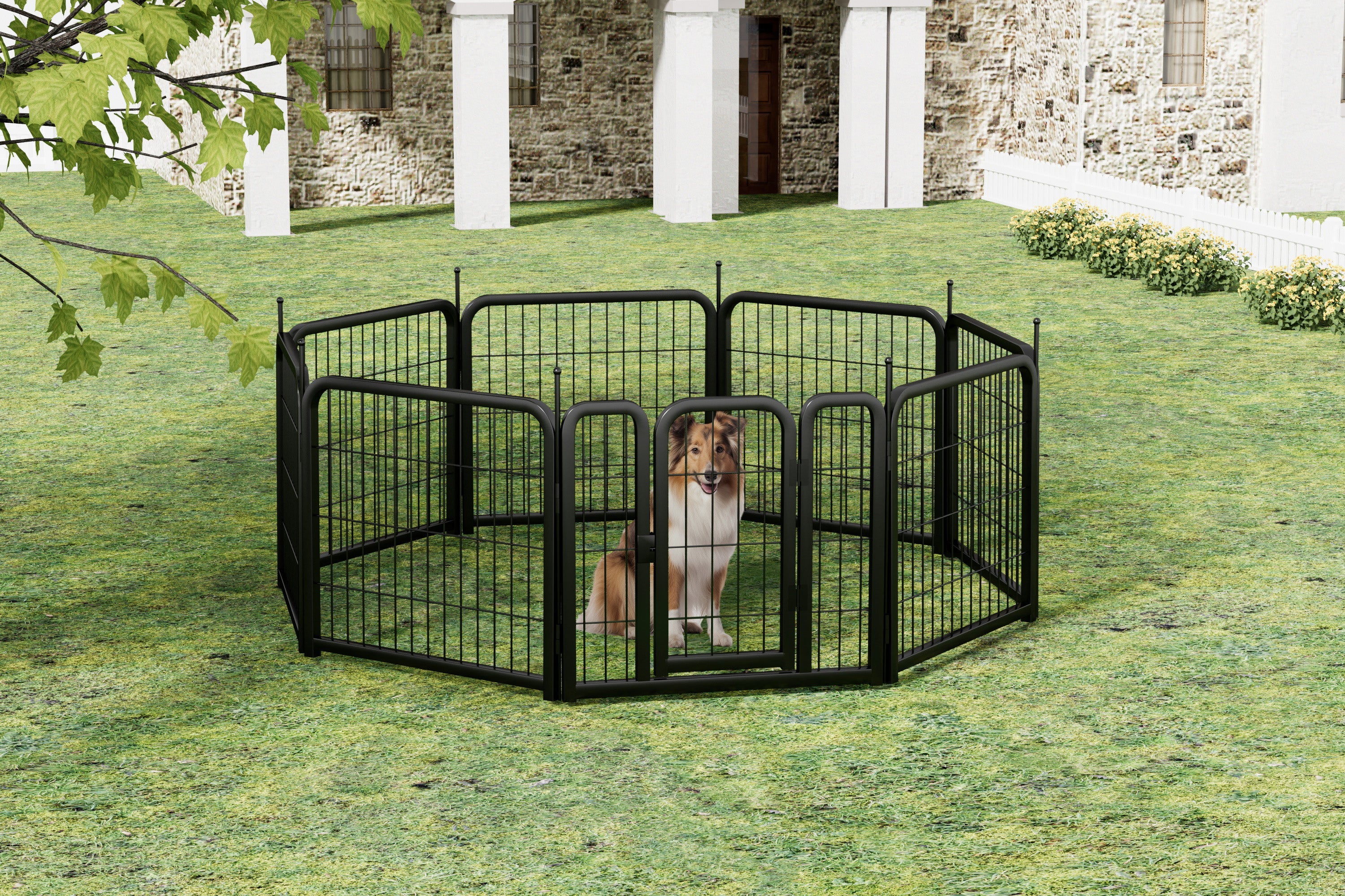 Outdoor dog fence, 8-piece board dog fence. 31 inch portable pet sports fence. Black, 26.3 inches wide x 31.5 inches high. - Majestic Pet Kingdom