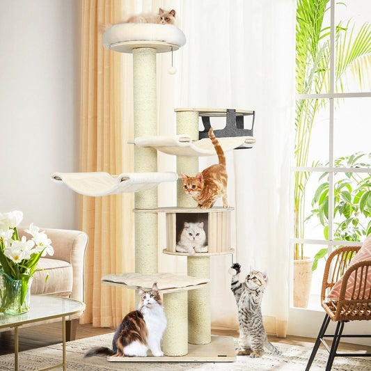 77.5-Inch Cat Tree Condo Multi-Level Kitten Activity Tower with Sisal Posts-Cream White - Majestic Pet Kingdom
