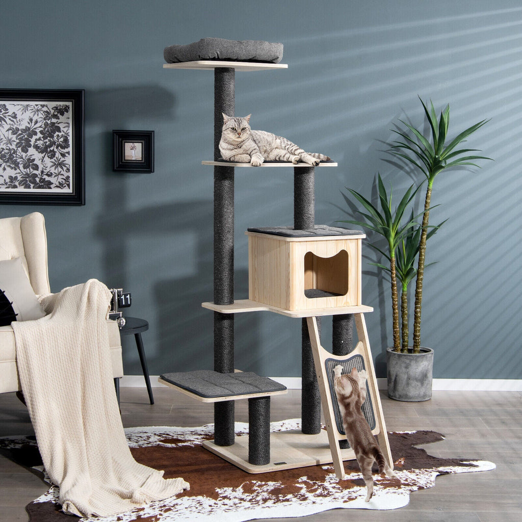 5-Tier Modern Wood Cat Tower with Washable Cushions-Gray - Majestic Pet Kingdom