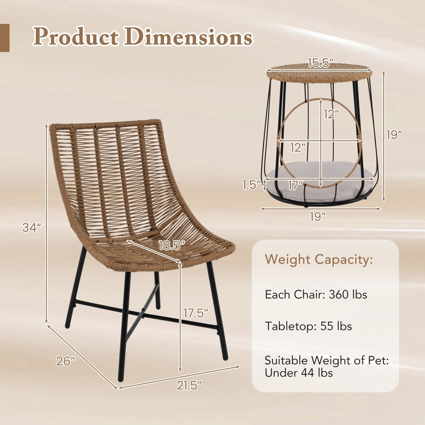 3 Piece Outdoor Furniture Set with Pet Housefor Patio Yard-Brown