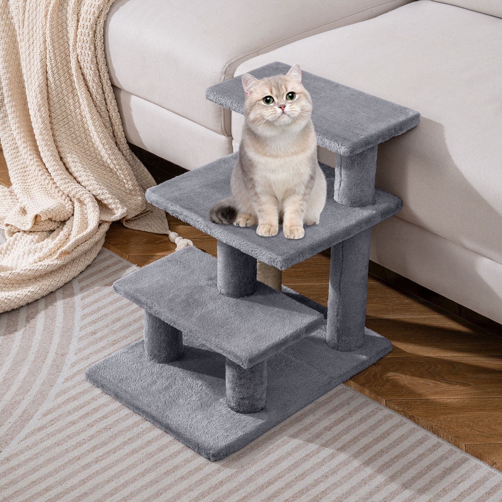3-Tier Cat Stairs 19 Inch Plush Steps with Scratching Posts for High Bed Sofa-Gray - Majestic Pet Kingdom