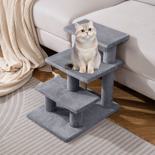 3-Tier Cat Stairs 19 Inch Plush Steps with Scratching Posts for High Bed Sofa-Gray - Majestic Pet Kingdom
