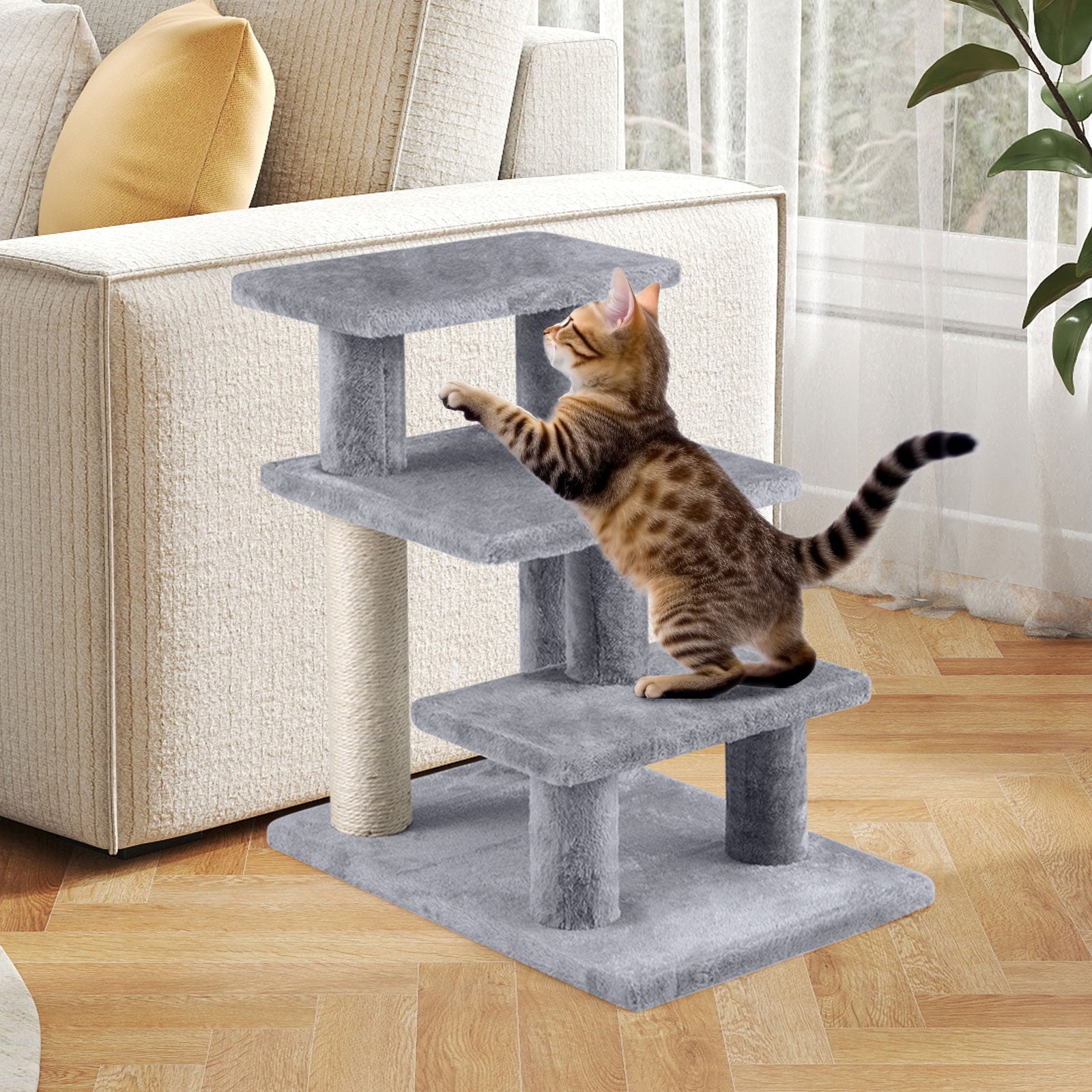 3-Tier Cat Stairs 19 Inch Plush Steps with Scratching Posts for High Bed Sofa-Gray - Majestic Pet Kingdom