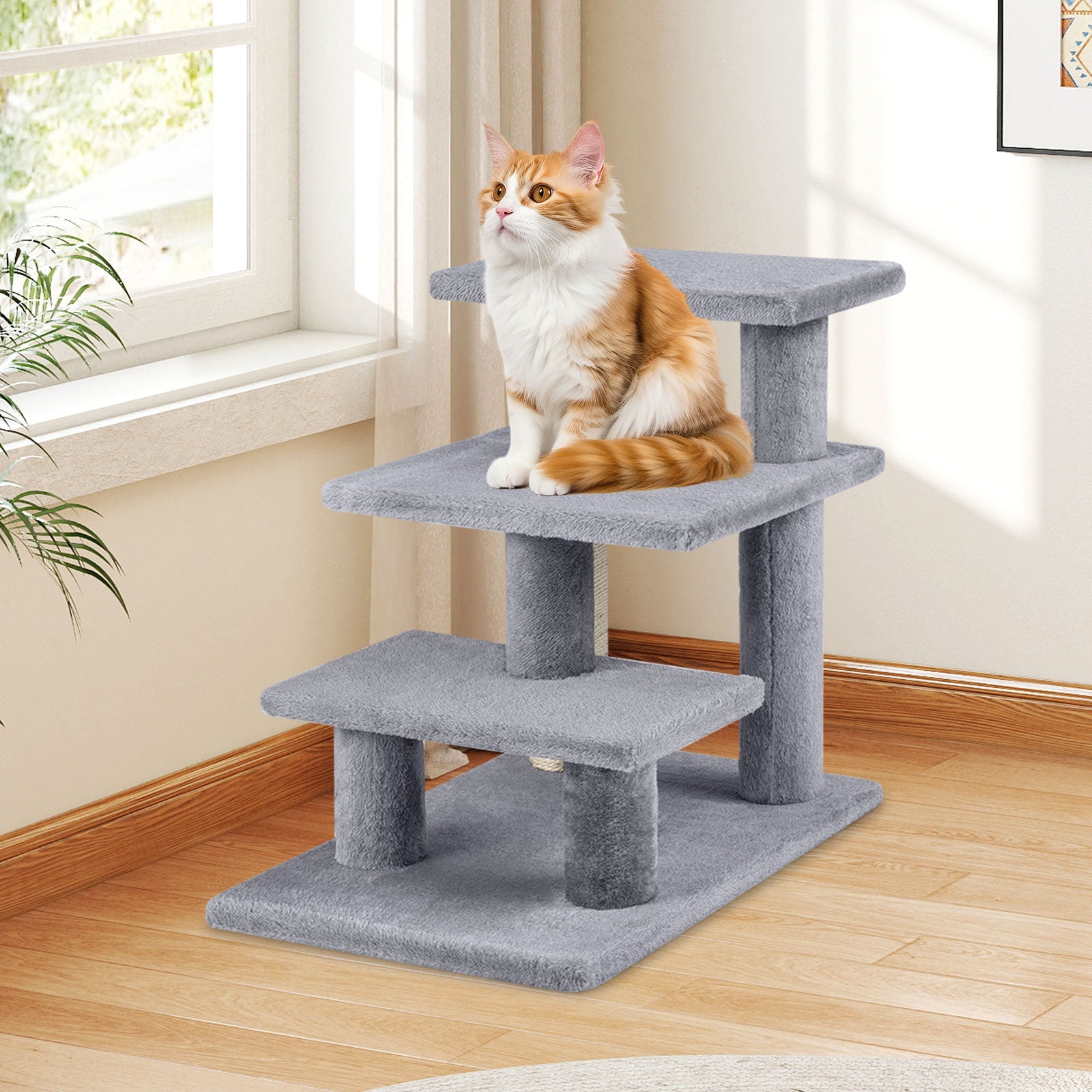 3-Tier Cat Stairs 19 Inch Plush Steps with Scratching Posts for High Bed Sofa-Gray - Majestic Pet Kingdom