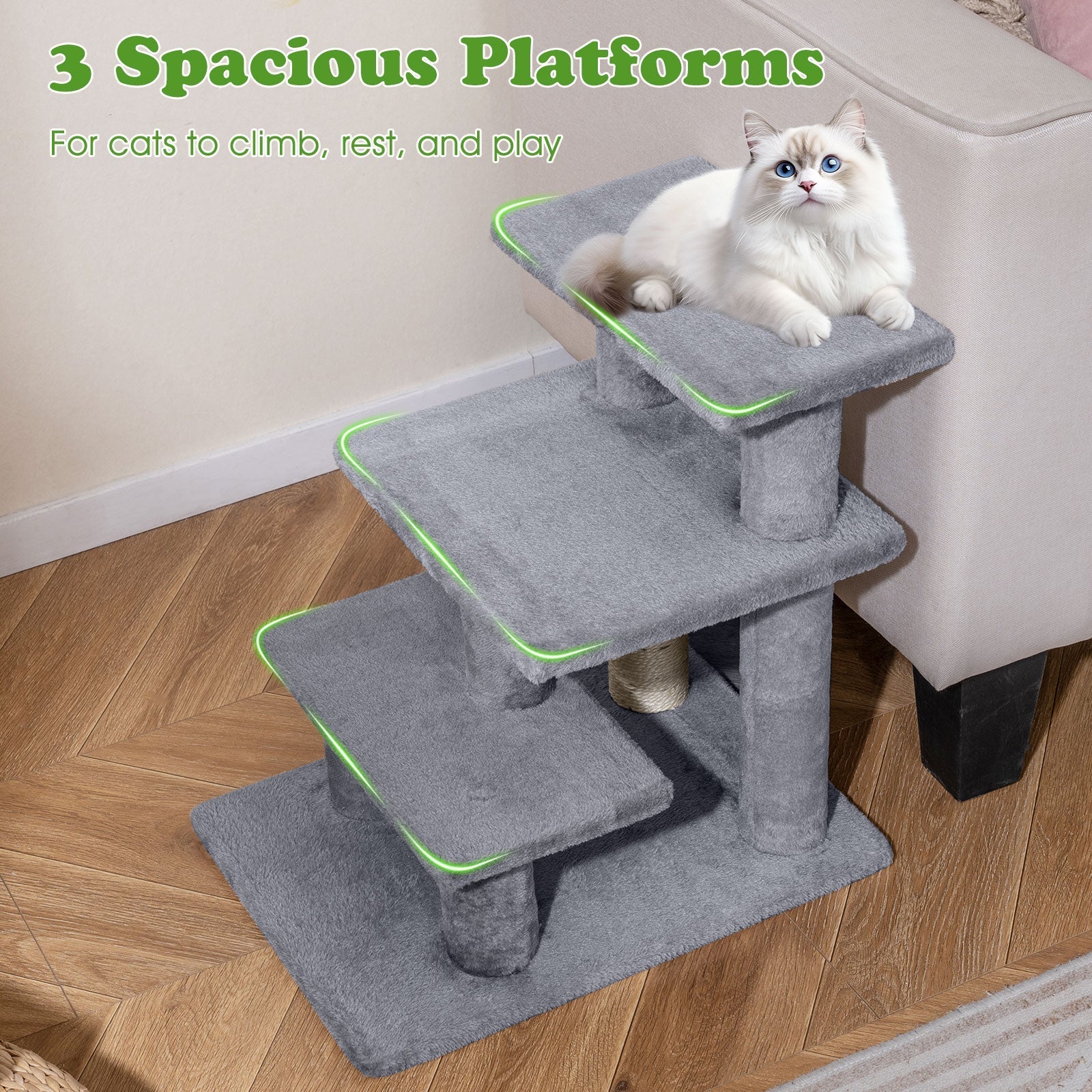 3-Tier Cat Stairs 19 Inch Plush Steps with Scratching Posts for High Bed Sofa-Gray - Majestic Pet Kingdom