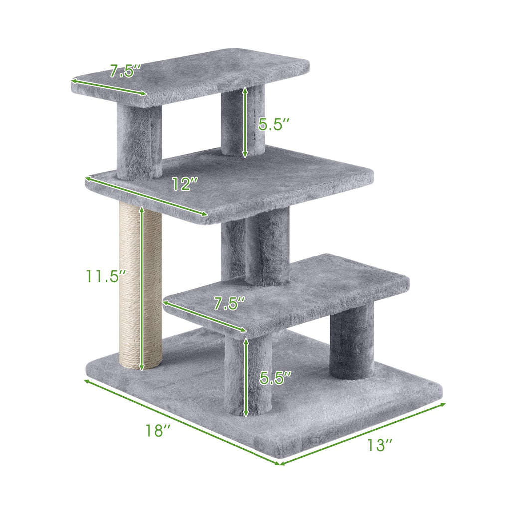 3-Tier Cat Stairs 19 Inch Plush Steps with Scratching Posts for High Bed Sofa-Gray - Majestic Pet Kingdom
