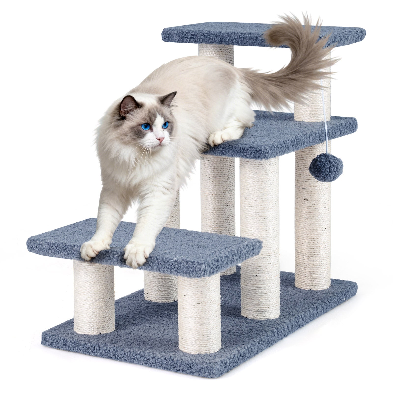 3-Tier Cat Stairs 20 Inch with Scratching Posts and Hanging Toy Ball-Gray - Majestic Pet Kingdom