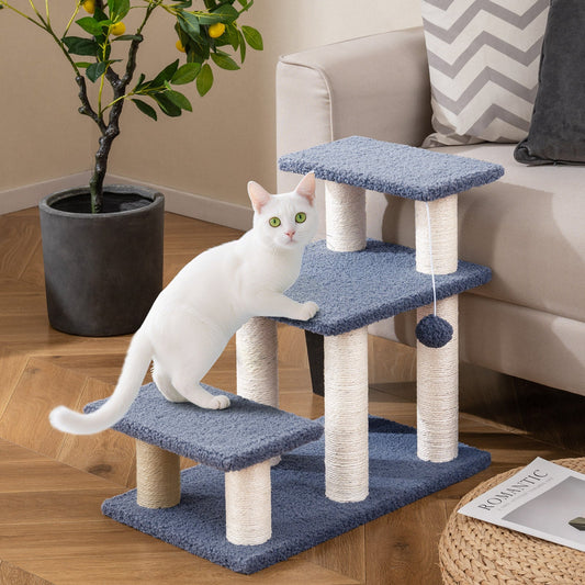 3-Tier Cat Stairs 20 Inch with Scratching Posts and Hanging Toy Ball-Gray - Majestic Pet Kingdom