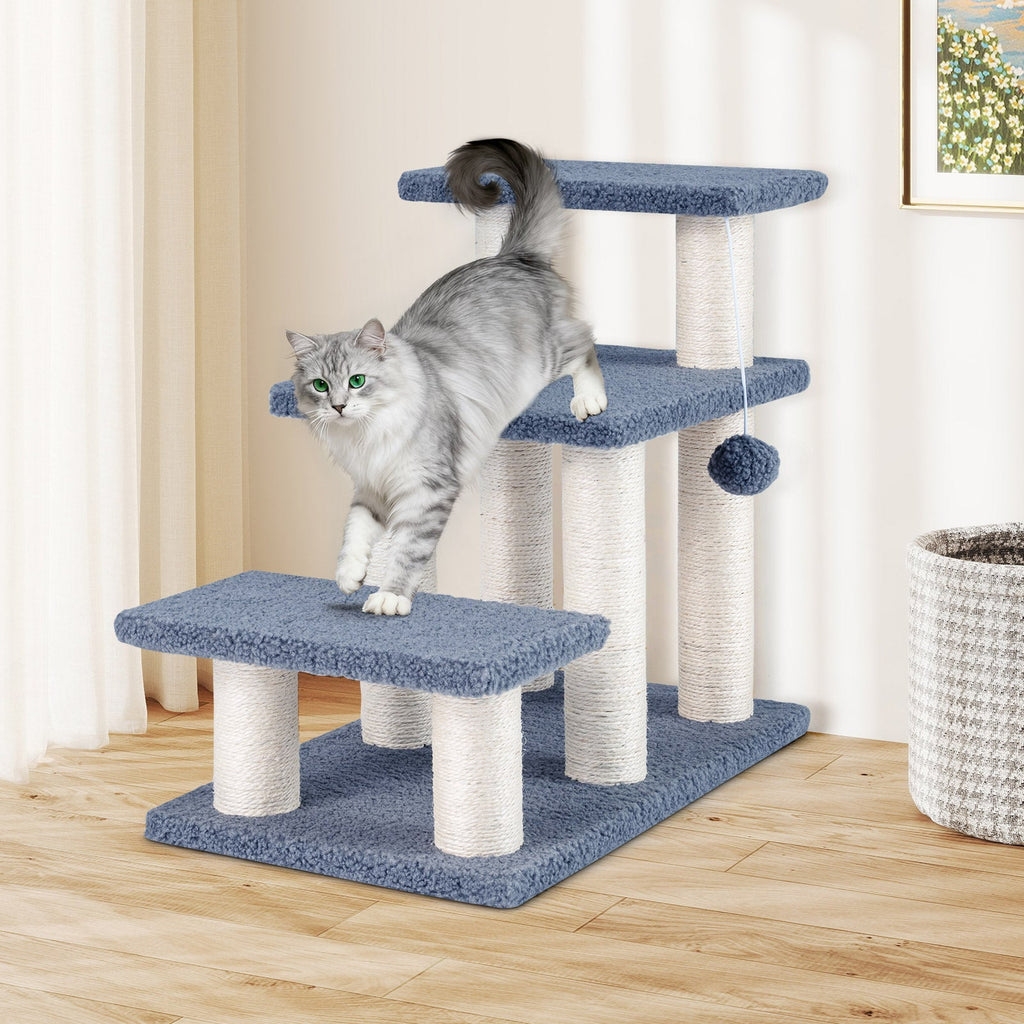 3-Tier Cat Stairs 20 Inch with Scratching Posts and Hanging Toy Ball-Gray - Majestic Pet Kingdom