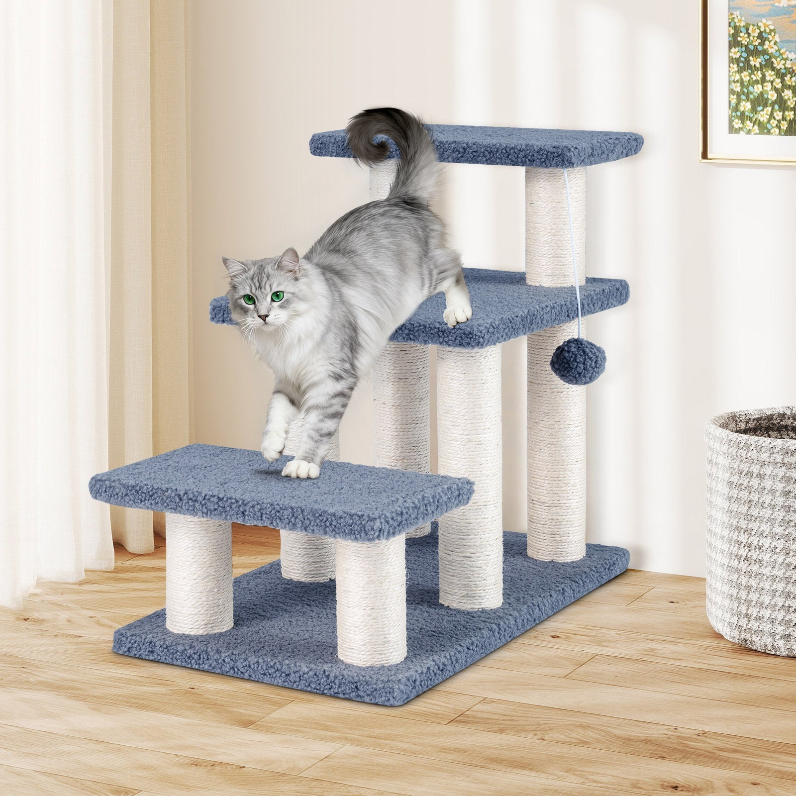 3-Tier Cat Stairs 20 Inch with Scratching Posts and Hanging Toy Ball-Gray - Majestic Pet Kingdom