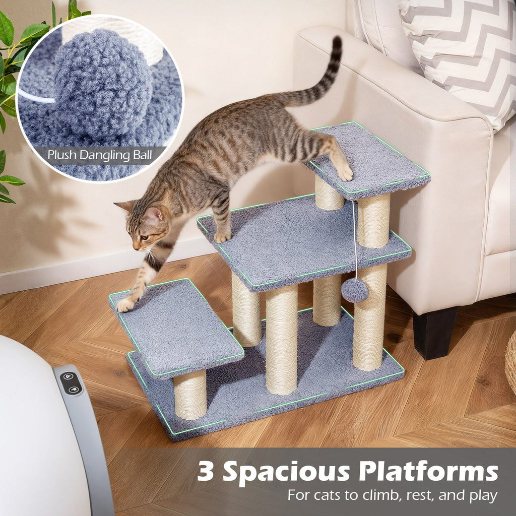3-Tier Cat Stairs 20 Inch with Scratching Posts and Hanging Toy Ball-Gray - Majestic Pet Kingdom