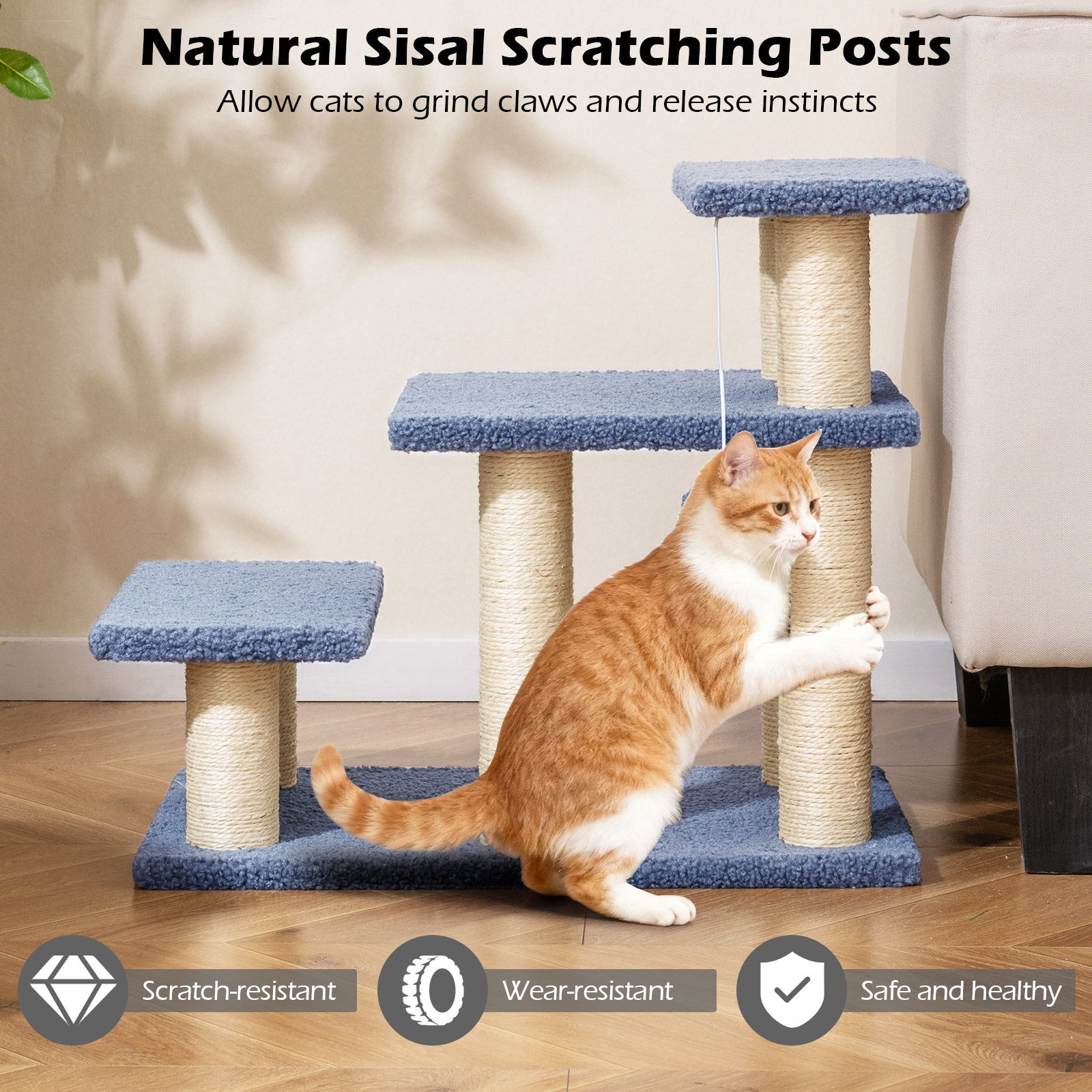 3-Tier Cat Stairs 20 Inch with Scratching Posts and Hanging Toy Ball-Gray - Majestic Pet Kingdom
