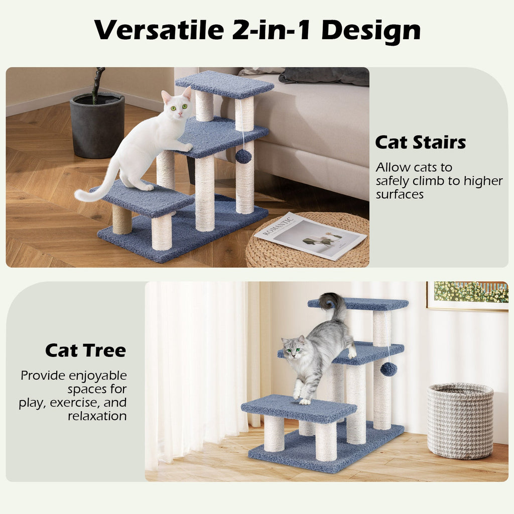 3-Tier Cat Stairs 20 Inch with Scratching Posts and Hanging Toy Ball-Gray - Majestic Pet Kingdom