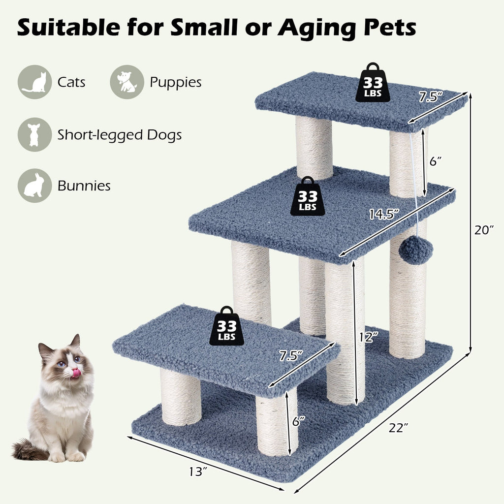 3-Tier Cat Stairs 20 Inch with Scratching Posts and Hanging Toy Ball-Gray - Majestic Pet Kingdom