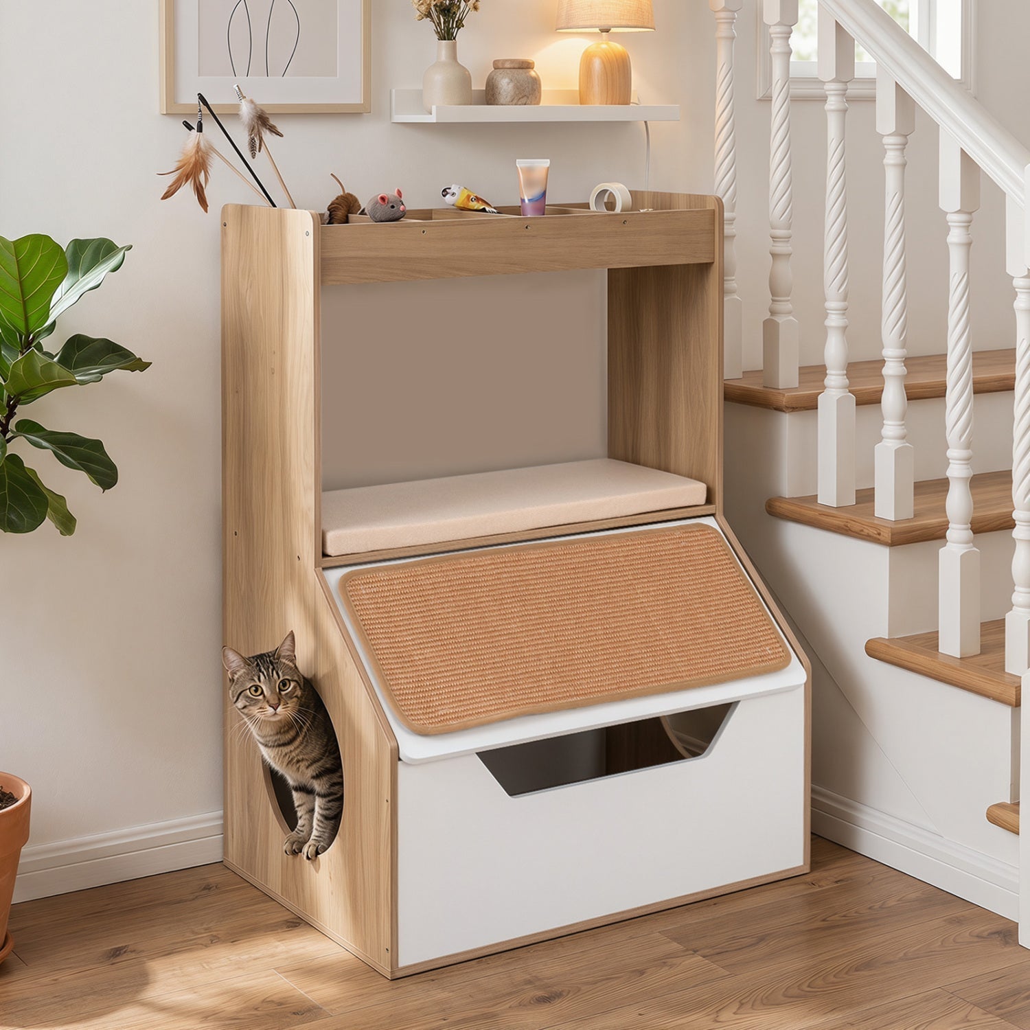 Hidden Cat Litter Box Cabinet with Scratching Pad & Cushion | Purrfect Pet Kingdom