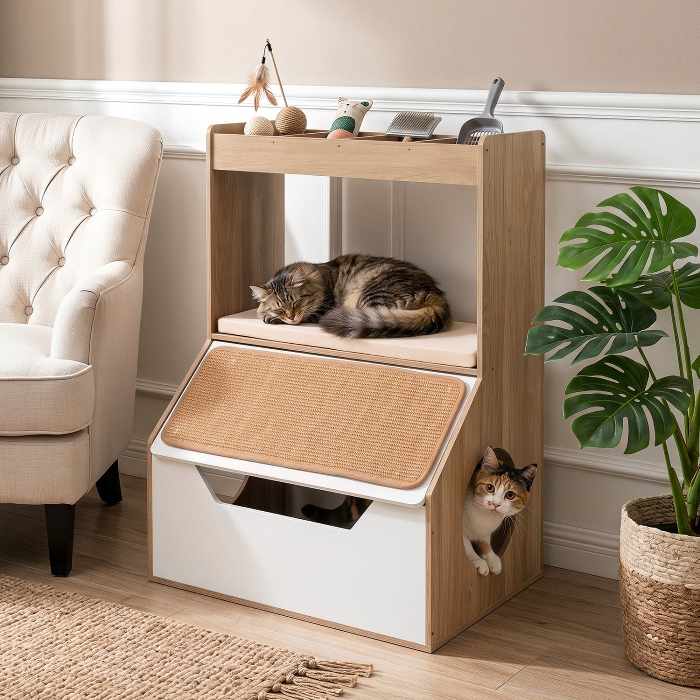 Hidden Cat Litter Box Cabinet with Scratching Pad & Cushion | Purrfect Pet Kingdom