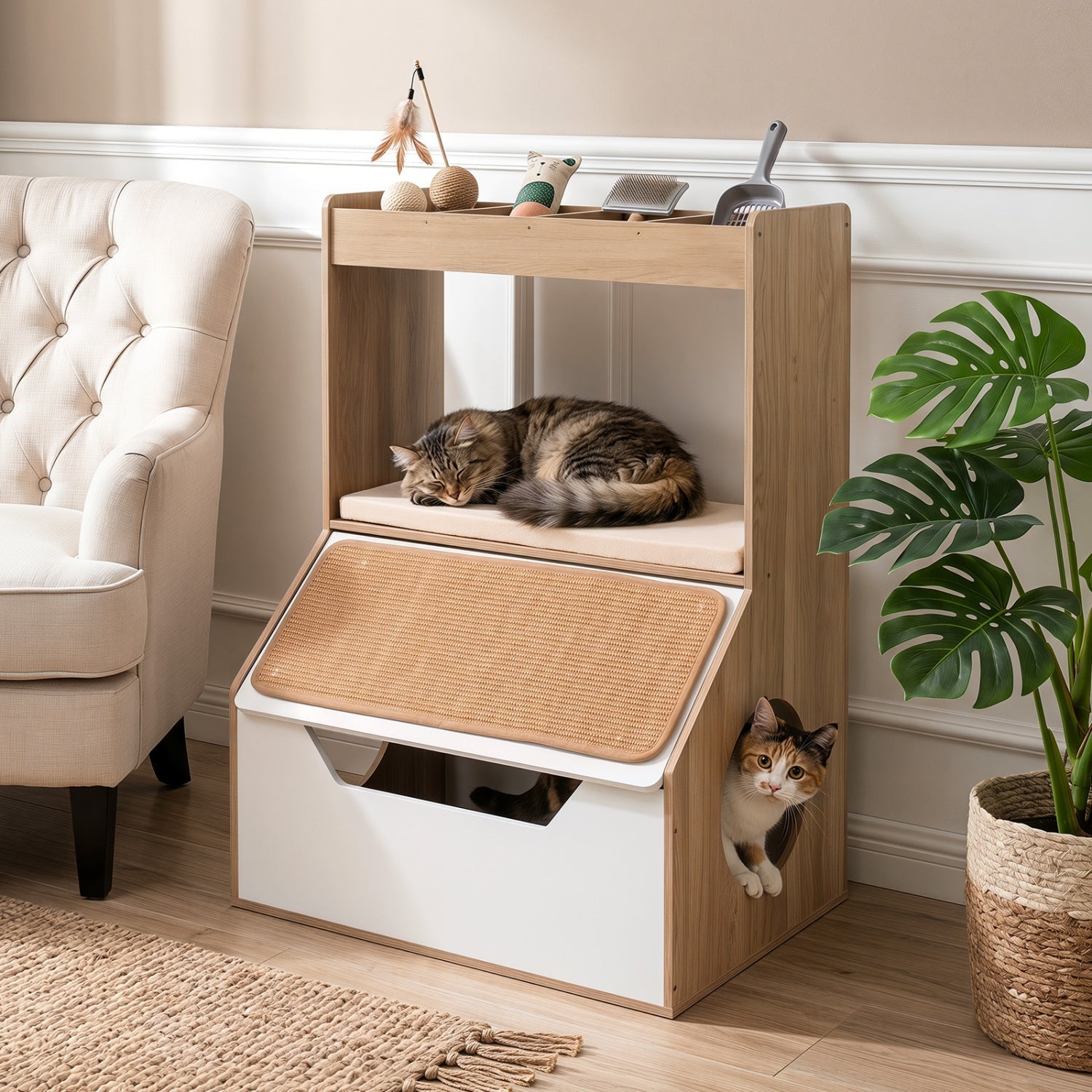 Hidden Cat Litter Box Cabinet with Scratching Pad & Cushion | Purrfect Pet Kingdom