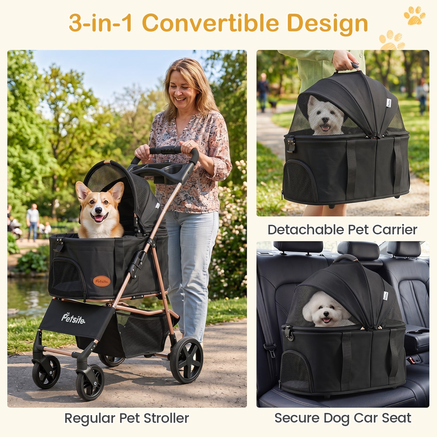 3-in-1 Foldable Pet Stroller for Small to Medium Dogs
