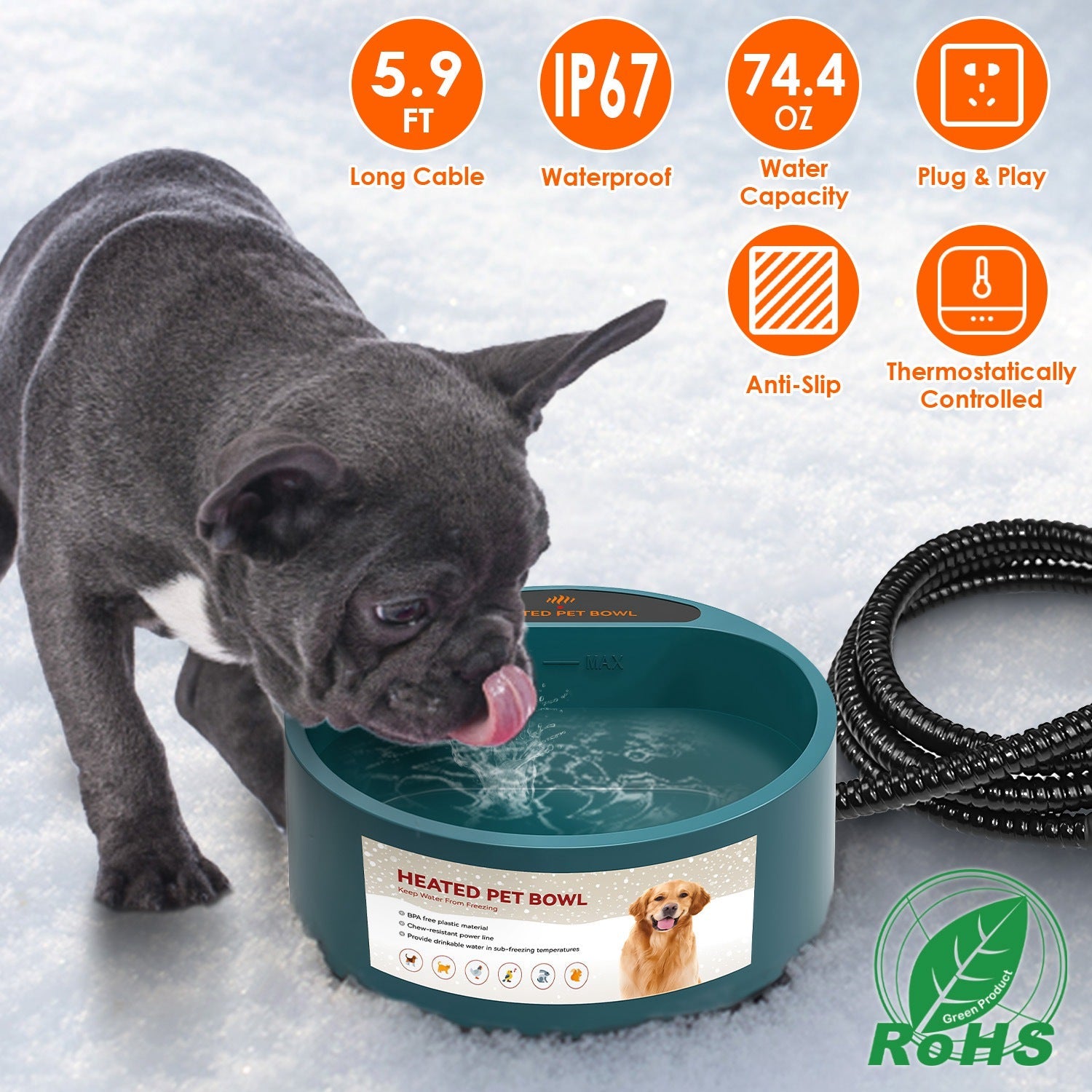 Heated Water Bowl for Dog Cat 74.4OZ Heating Water Dish IP67 Waterproof Thermal Water Bowl Heated Pet Bowl Dog Cat Water Feeder Bowl for Dog Cat Rabbi - Majestic Pet Kingdom