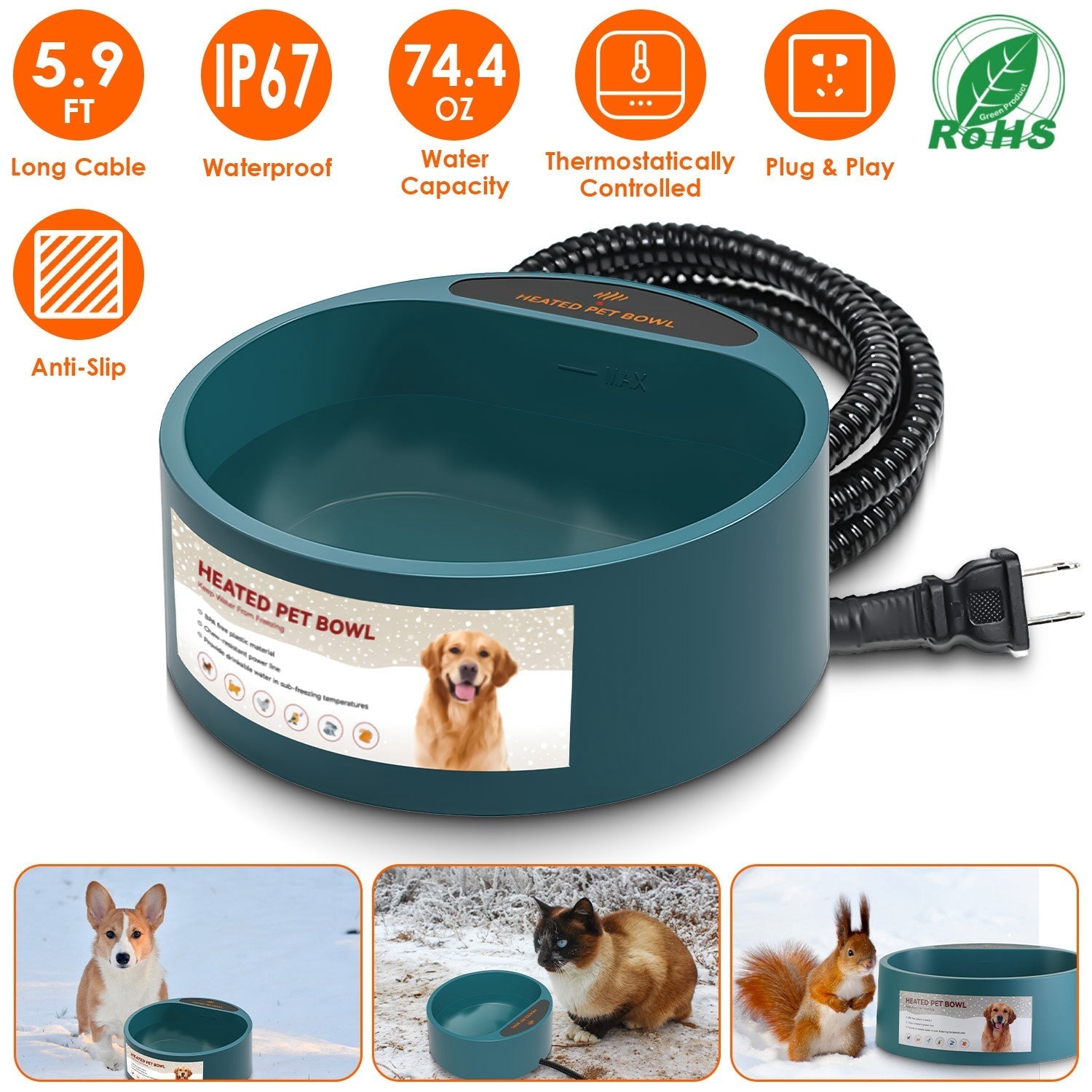 Heated Water Bowl for Dog Cat 74.4OZ Heating Water Dish IP67 Waterproof Thermal Water Bowl Heated Pet Bowl Dog Cat Water Feeder Bowl for Dog Cat Rabbi - Majestic Pet Kingdom