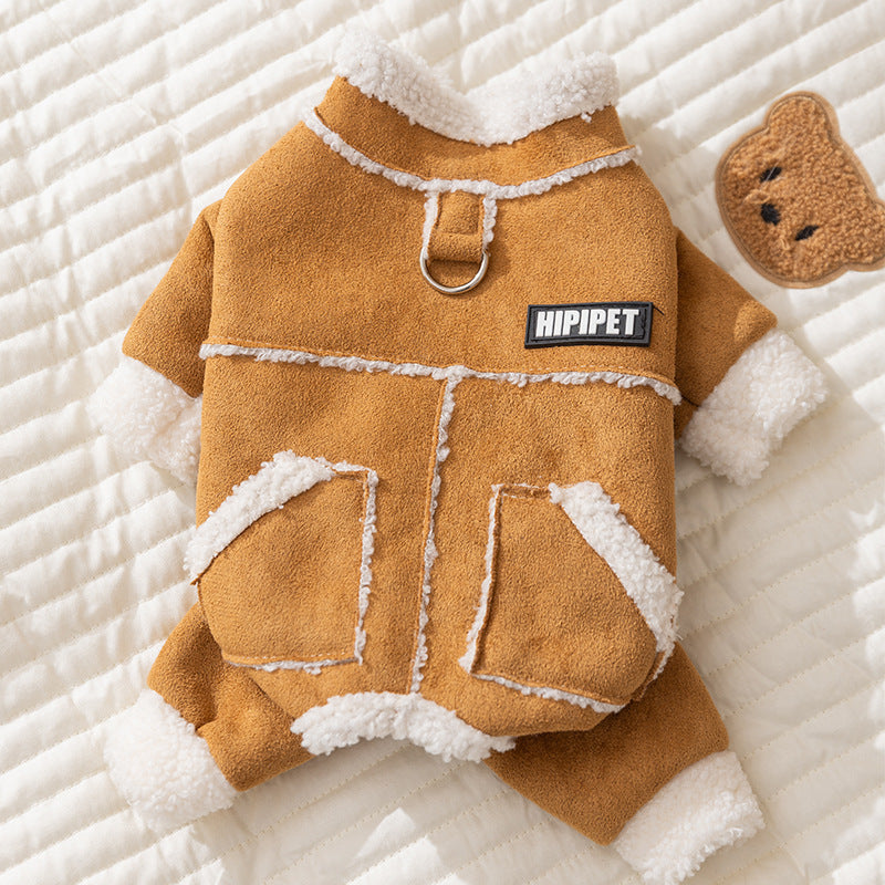 Hipipet Suede Pet Jumpsuit With Sherpa Lining, Warm 4-Leg Dog Coat With Leash Ring & Pockets For Winter - Premium Pet Accessory
