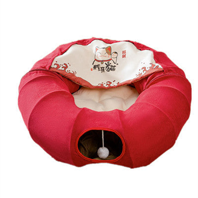 Cat Tunnel Bed Foldable Round Plush Nest Removable Washable