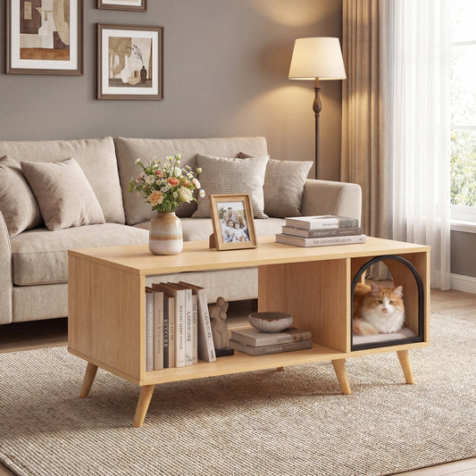 40 Inch Coffee Table Cat House 2-in-1 Wooden Kitten Furniture with Open Storage Shelf-Natural | Purrfect Pet Kingdom