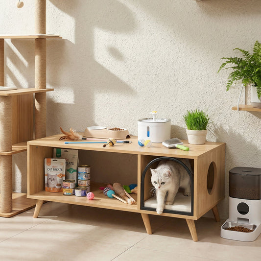 40 Inch Coffee Table Cat House 2-in-1 Wooden Kitten Furniture with Open Storage Shelf-Natural | Purrfect Pet Kingdom