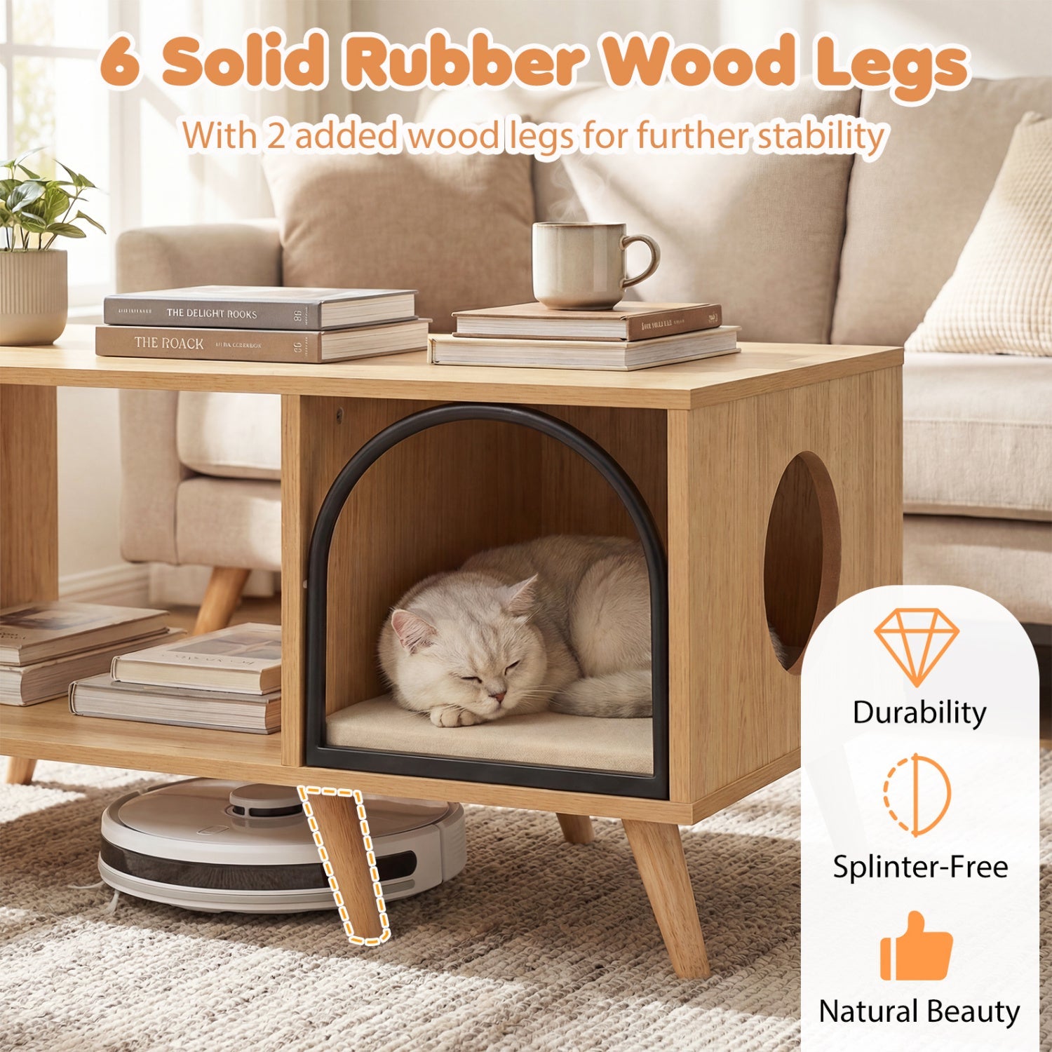 40 Inch Coffee Table Cat House 2-in-1 Wooden Kitten Furniture with Open Storage Shelf-Natural