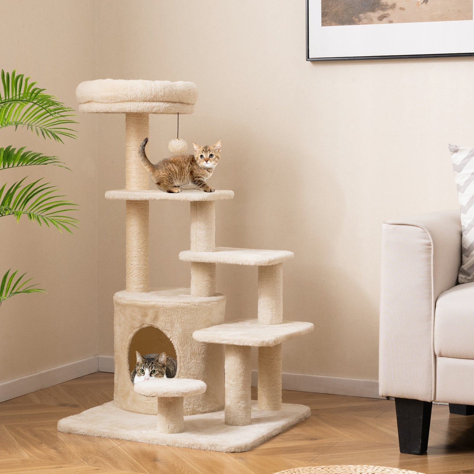 40 Inch Multi-level Cat Tower with Condo and Dangling Jingle Ball - Majestic Pet Kingdom
