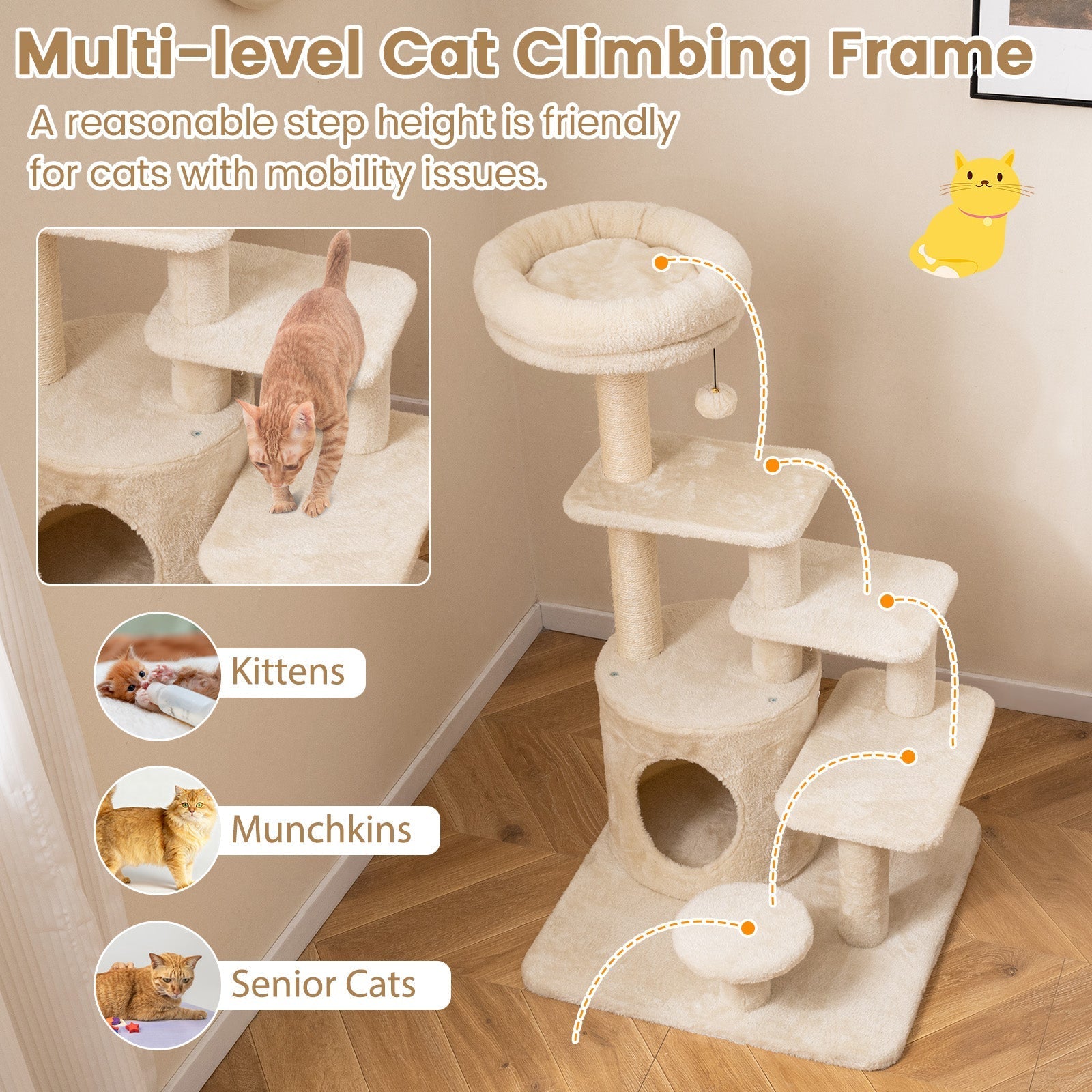 40 Inch Multi-level Cat Tower with Condo and Dangling Jingle Ball - Majestic Pet Kingdom