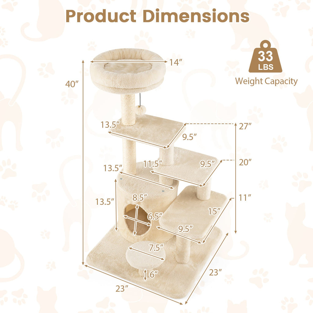 40 Inch Multi-level Cat Tower with Condo and Dangling Jingle Ball - Majestic Pet Kingdom