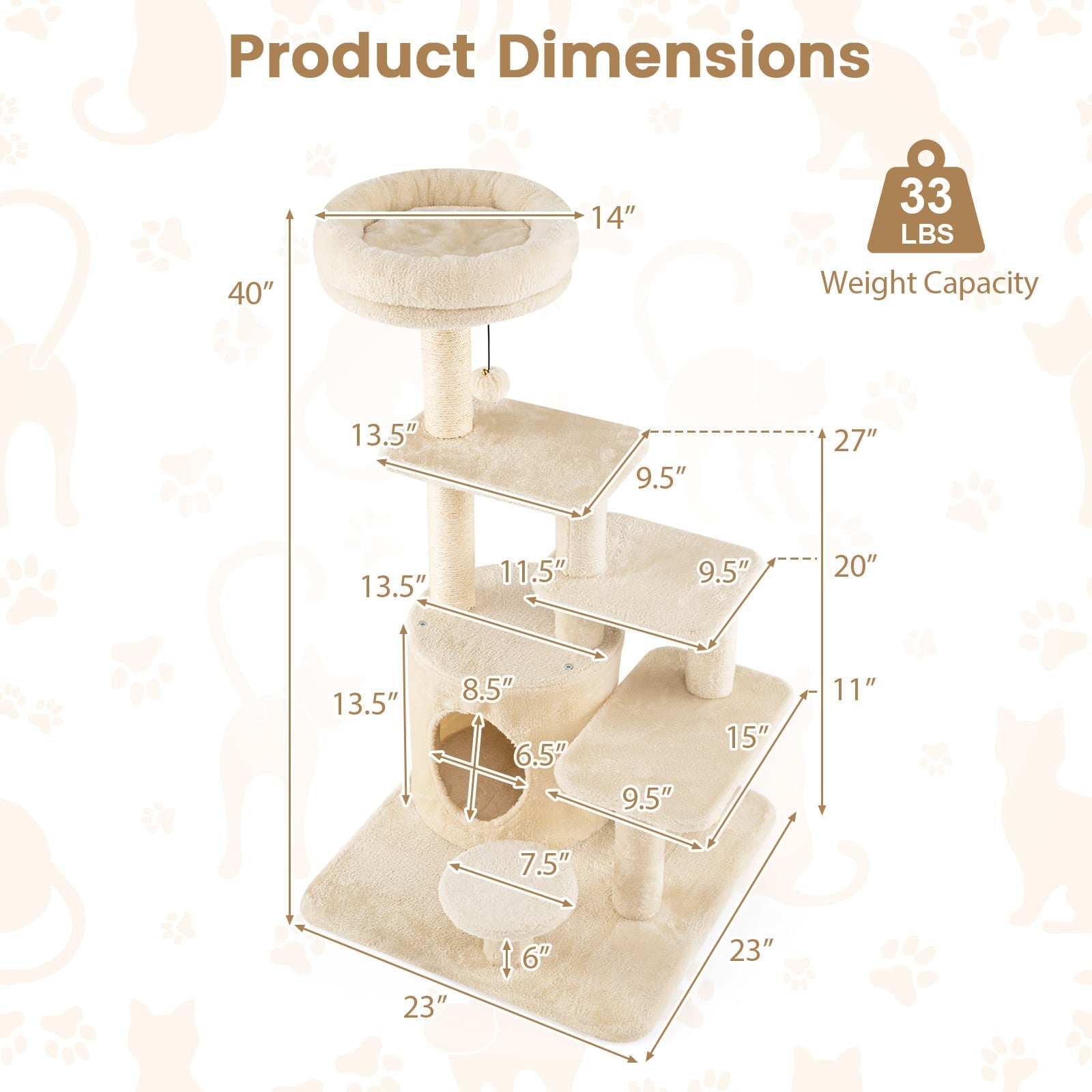40 Inch Multi-level Cat Tower with Condo and Dangling Jingle Ball - Majestic Pet Kingdom