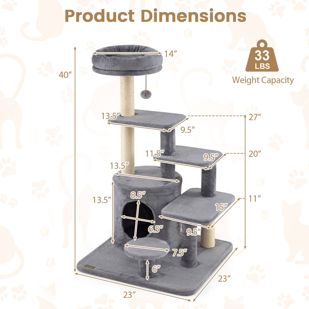 40 Inch Multi-level Cat Tower with Condo and Dangling Jingle Ball - Majestic Pet Kingdom