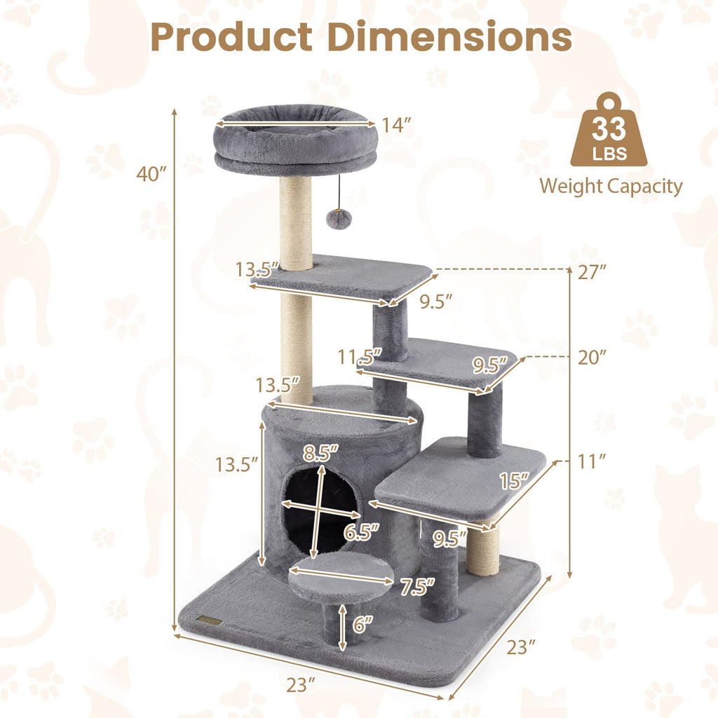 40 Inch Multi-level Cat Tower with Condo and Dangling Jingle Ball - Majestic Pet Kingdom