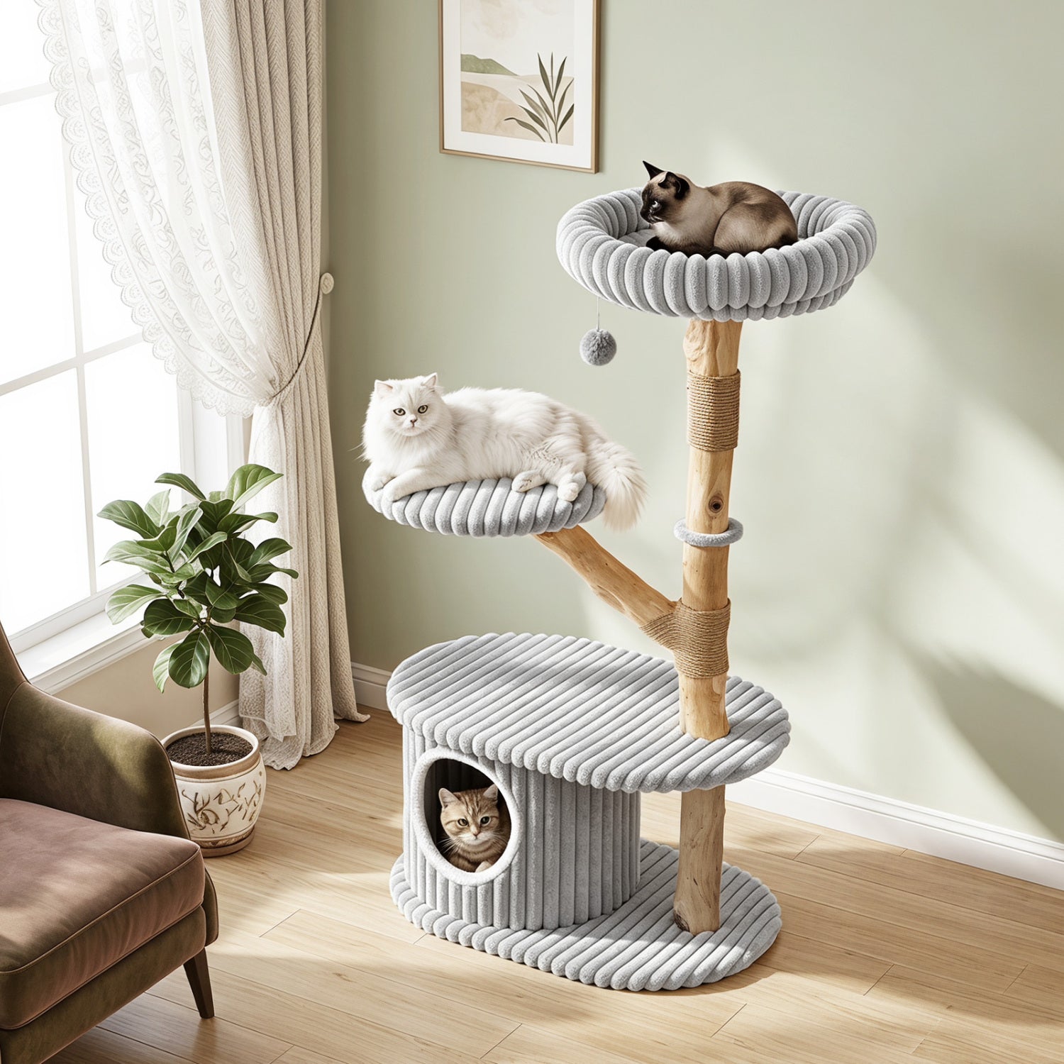 41-Inch Cat Tower with Real Wood Branches & Scratching Posts - Majestic Pet Kingdom