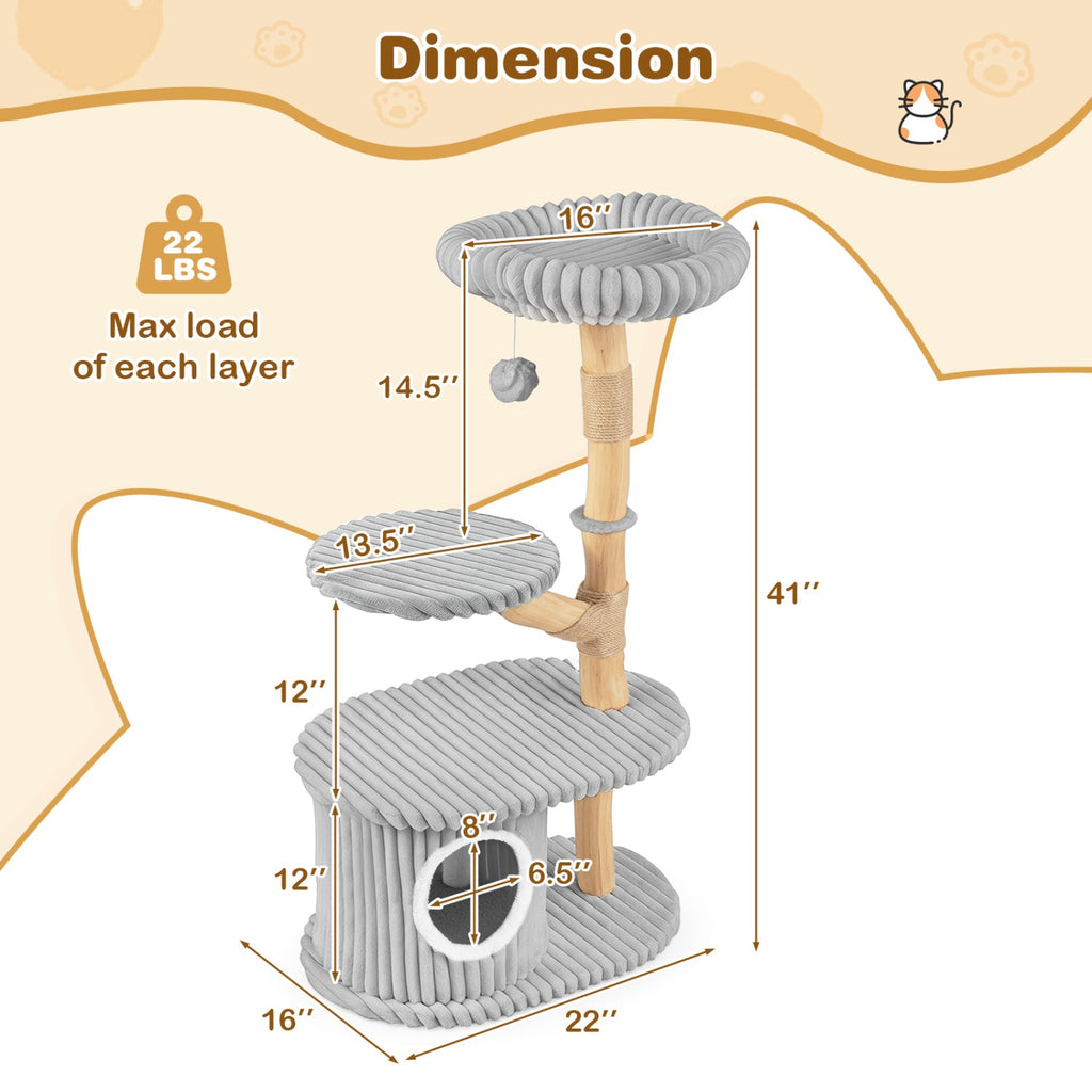 41-Inch Cat Tower with Real Wood Branches & Scratching Posts - Majestic Pet Kingdom