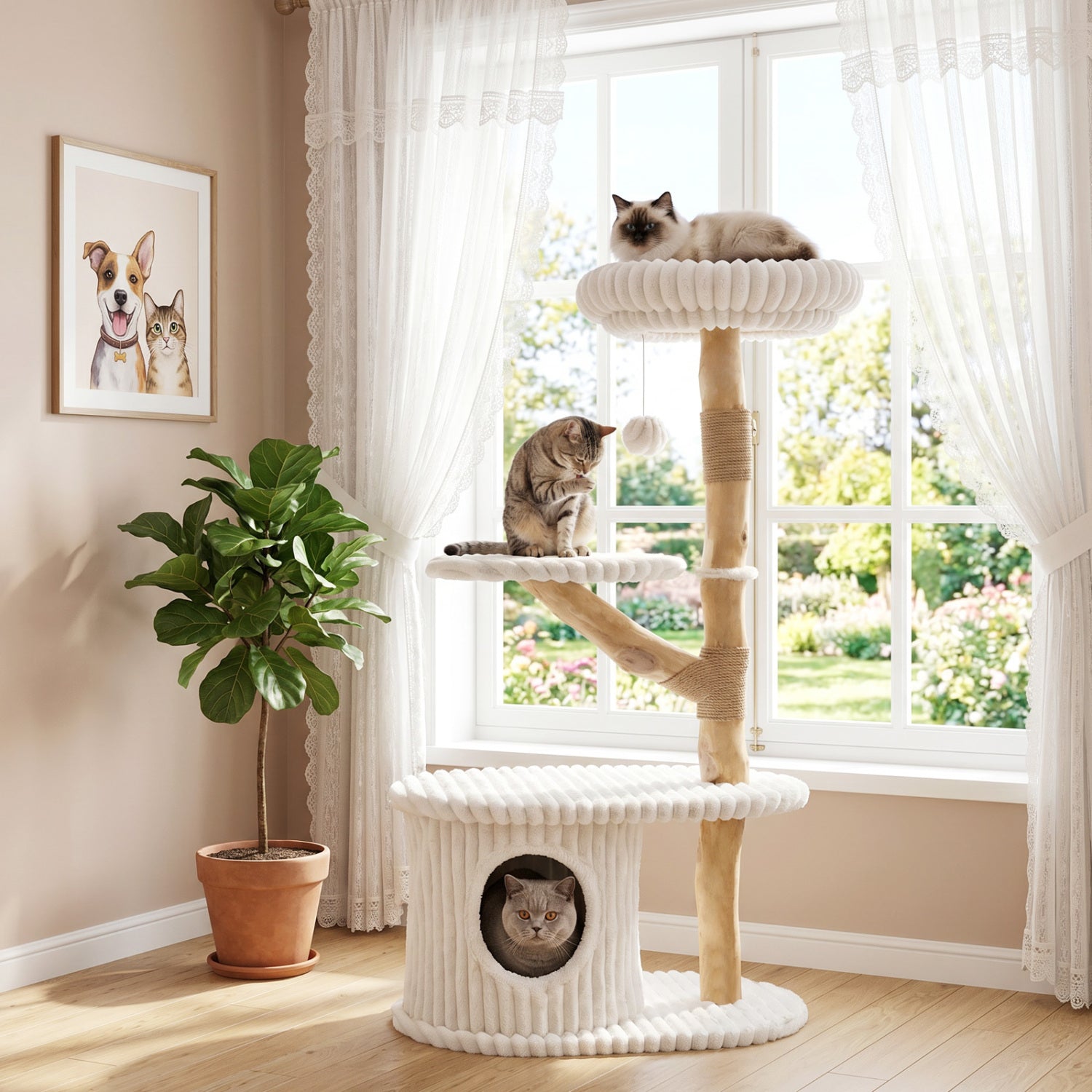 41-Inch Cat Tower with Real Wood Branches & Scratching Posts - Majestic Pet Kingdom
