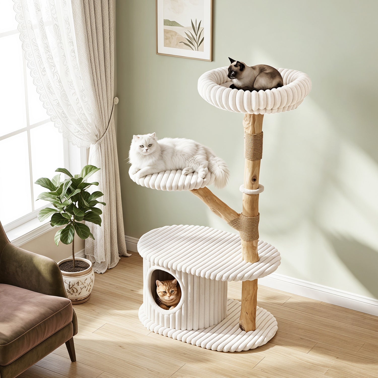 41-Inch Cat Tower with Real Wood Branches & Scratching Posts - Majestic Pet Kingdom