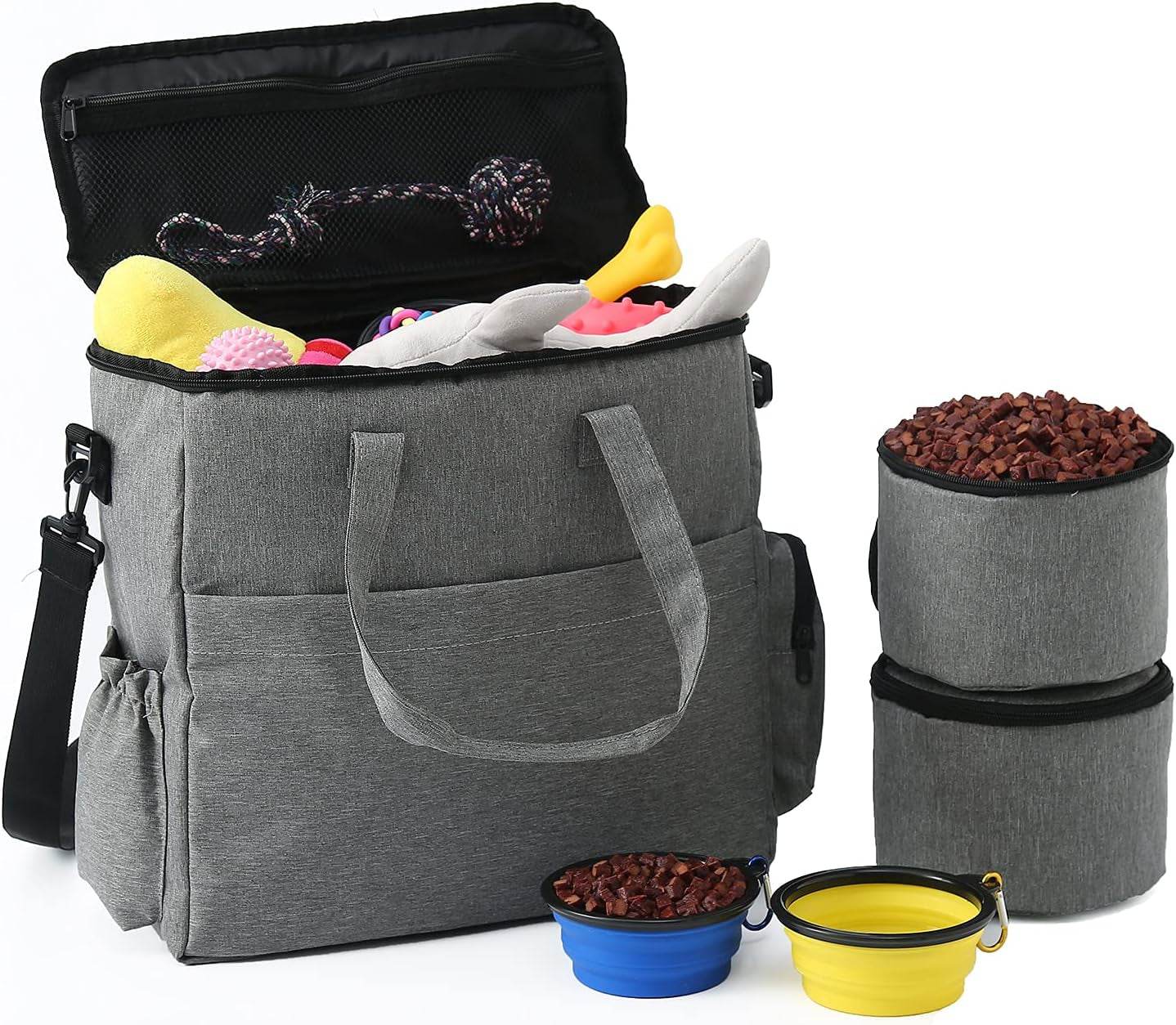 Dog Travel Bag Airline Approved Travel Set for Dogs of Stores All Your Dog Accessories - Includes Travel Bag, 2X Food Storage Containers and 2X Collapsible Dog Bowls (Grey) - Majestic Pet Kingdom