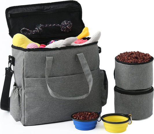 Dog Travel Bag Airline Approved Travel Set for Dogs of Stores All Your Dog Accessories - Includes Travel Bag, 2X Food Storage Containers and 2X Collapsible Dog Bowls (Grey) - Majestic Pet Kingdom
