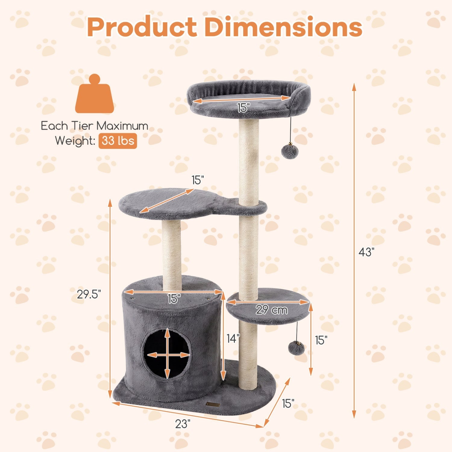 Cat Tree 43" with Condo, Perches & Scratching Posts