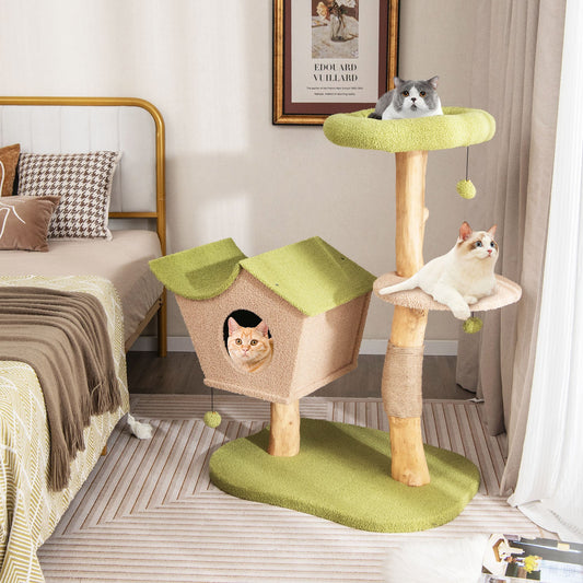 43 Inch Wooden Cat Tree with Padded Top Perch-Green | Purrfect Pet Kingdom