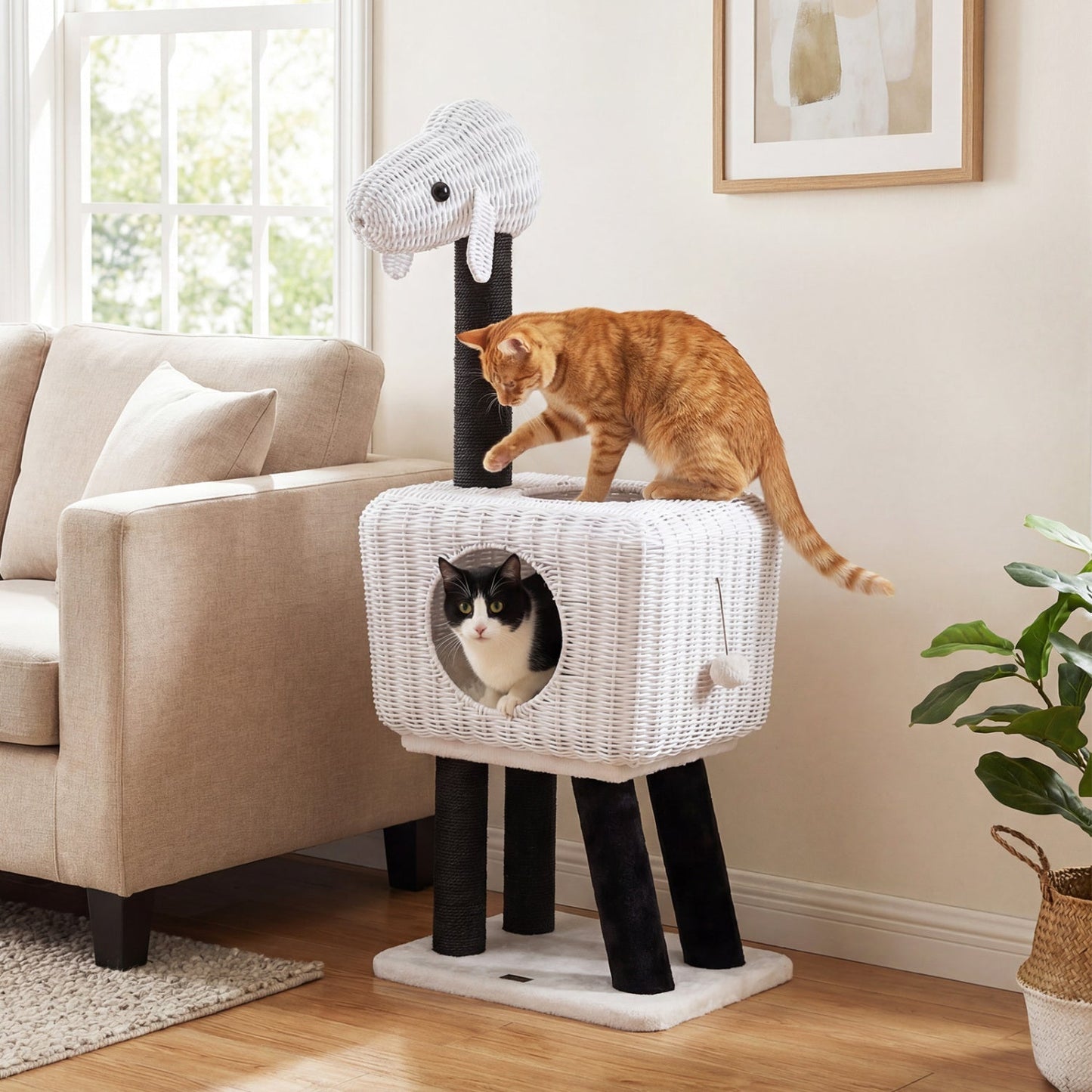 43-Inch Lamb-Shaped Cat Tower with 2-Door Rattan Condo for Indoor Kittens - Majestic Pet Kingdom