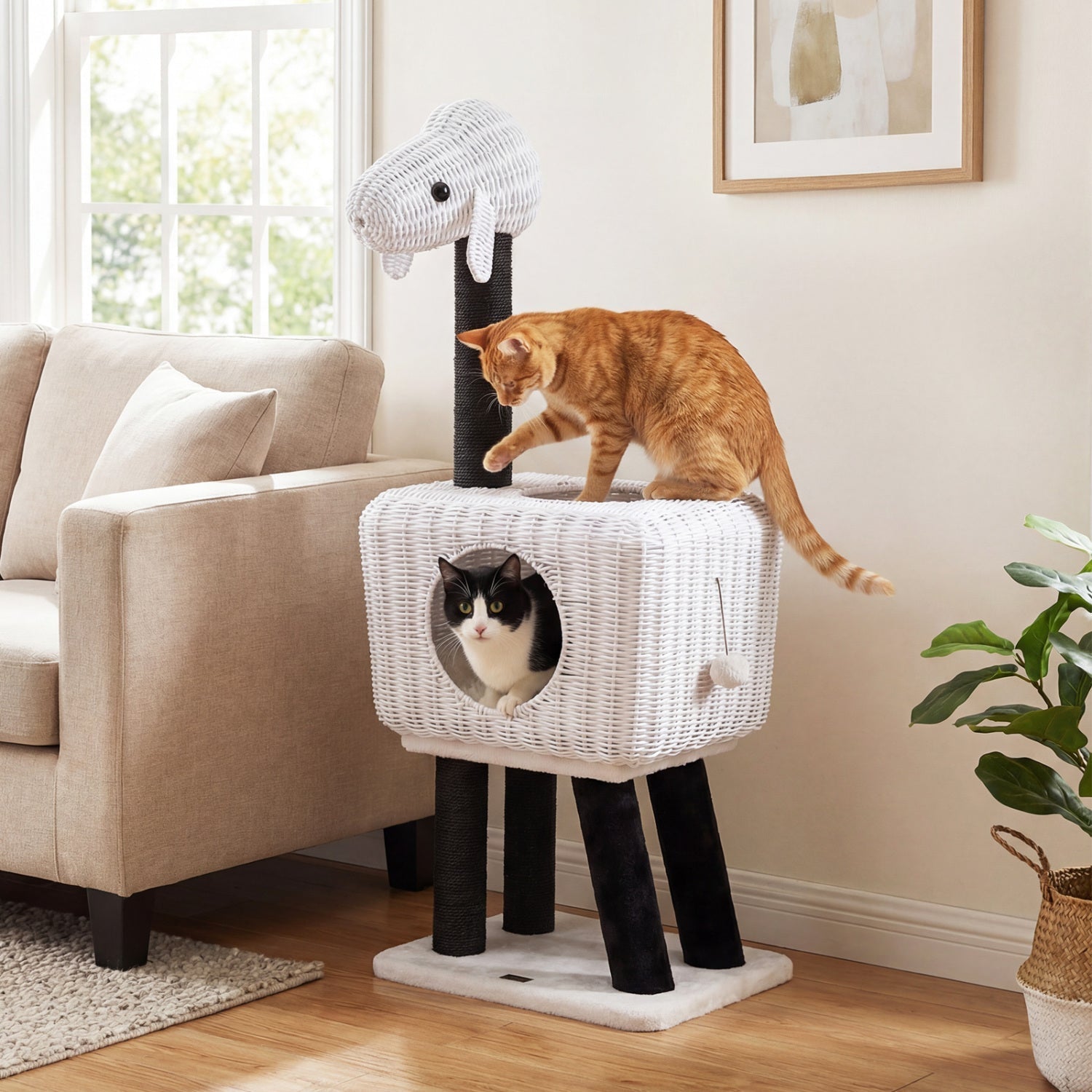 43-Inch Lamb-Shaped Cat Tower with 2-Door Rattan Condo for Indoor Kittens - Majestic Pet Kingdom
