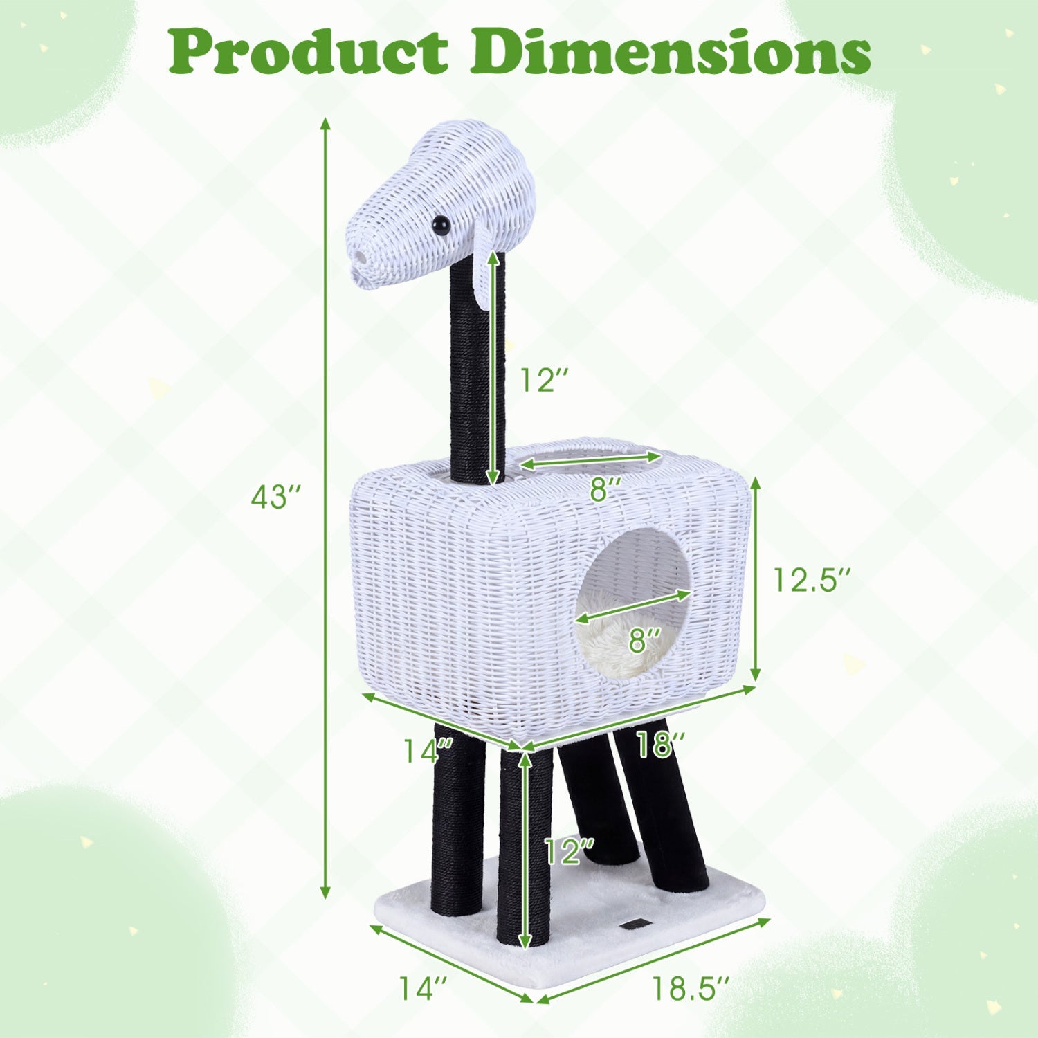 43-Inch Lamb-Shaped Cat Tower with 2-Door Rattan Condo for Indoor Kittens - Majestic Pet Kingdom